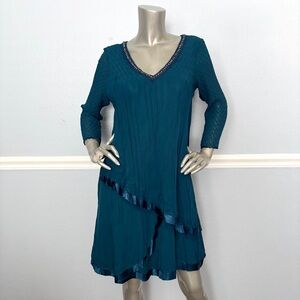 Komarov Chiffon Tiered Dress Mediterranean Beaded V-Neck 3/4 Sleeve Nwt Small S
